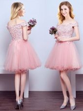 Romantic Off the Shoulder Beading and Lace Wedding Party Dress Pink Lace Up Sleeveless Mini Length