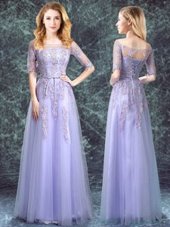 Square Half Sleeves Tulle Floor Length Lace Up Bridesmaid Dress in Lavender for with Appliques