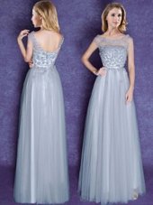 Extravagant Tulle Scoop Cap Sleeves Lace Up Appliques and Bowknot Wedding Party Dress in Grey