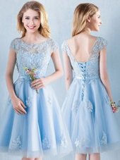 Decent Scoop Short Sleeves Lace Up Bridesmaids Dress Light Blue Tulle