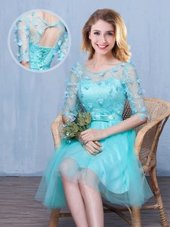 Customized Tulle Scoop Half Sleeves Lace Up Lace and Appliques and Bowknot Bridesmaid Dress in Aqua Blue