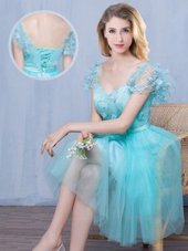 Nice Sweetheart Short Sleeves Tulle Court Dresses for Sweet 16 Lace and Appliques and Bowknot Lace Up