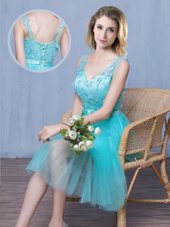 Aqua Blue Empire Lace and Appliques and Bowknot Bridesmaids Dress Lace Up Tulle Sleeveless Knee Length