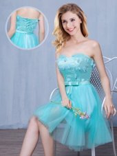 Luxurious Aqua Blue Tulle Lace Up Wedding Guest Dresses Sleeveless Knee Length Lace and Appliques and Bowknot