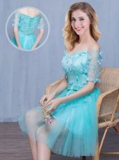 Elegant Aqua Blue Tulle Lace Up Off The Shoulder Short Sleeves Knee Length Dama Dress for Quinceanera Lace and Appliques and Bowknot