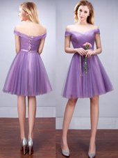 Off the Shoulder Lavender A-line Ruching and Belt Quinceanera Court of Honor Dress Lace Up Tulle Sleeveless Knee Length