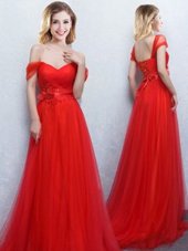 Modern Off the Shoulder Red Empire Appliques and Ruching Bridesmaid Gown Lace Up Tulle Sleeveless With Train