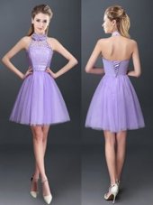 Eye-catching Halter Top Sleeveless Tulle Quinceanera Dama Dress Lace and Appliques Lace Up