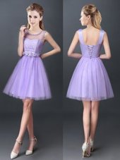 Glittering Scoop Lavender Sleeveless Mini Length Lace Lace Up Wedding Party Dress