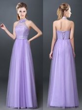 Most Popular Halter Top Lavender Sleeveless Lace and Appliques Floor Length Bridesmaid Dresses