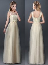 Fancy Champagne Quinceanera Dama Dress Prom and Party and Wedding Party and For with Lace and Hand Made Flower Scoop Sleeveless Lace Up