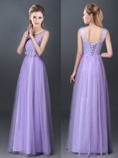 Cheap Scoop Lace and Hand Made Flower Wedding Party Dress Lavender Lace Up Sleeveless Floor Length
