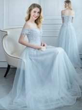 Low Price Light Blue Off The Shoulder Lace Up Beading and Appliques Quinceanera Court Dresses Cap Sleeves