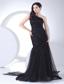 Appliques and Ruching Decorate Bodice One Shoulder Black Tulle and Taffeta Prom Dress For 2013 Brush Train