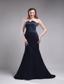 Perfect Column Strapless Brush Train Satin Beading Navy Blue Mother of the Bride Dress
