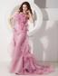 Rose Pink Mermaid Strapless Brush Train Organza Beading Prom Dress