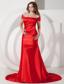 Red A-line Off The Shoulder Court Train Elastic Wove Satin Ruch Prom Dress