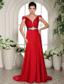 2013 V-neck Cap Sleeves Red Beading and Ruch Evening Gowns With Brush Train