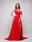 Red Empire Asymmetrical Brush Train Chiffon Appliques Prom / Evening Dress
