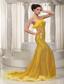 Yellow Mermaid Straps Brush Train Sequin Prom Dress