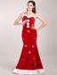White and Red Mermaid Straps Brush Train Beading Prom Dress