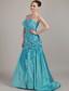 Teal A-line Strapless Brush Train Taffeta Beading and Ruch Prom Dress