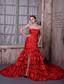 Red A-line Strapless Cathedral Train Taffeta Ruffled Layers Prom Dress