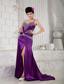 Eggplant Purple Empire One Shoulder Brush Train Taffeta Beading Prom Dress