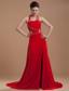 Beading Decorate Bodice High Slit Halter Red Chiffon Brush Train 2013 Prom Dress