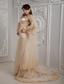 Roamntic Champagne Column Strapless Brush Train Satin Lace Wedding Dress