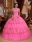 Pink Ball Gown Strapless Floor-length Organza Lace Appliques Quinceanera Dress