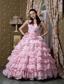 Baby Pink A-line One Shoulder Floor-length Elastic Woven Satin Beading Ruffled Layers Quinceanea Dress