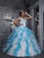 Sweet Ball Gown Sweetheart Floor-length Taffeta and Organza Appliques White And Blue Quinceanera Dress