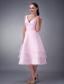 Baby Pink A-line / Princess V-neck Tea-length Organza Ruch Bridesmaid Dress