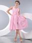 Pink Empire Halter Tea-length Taffeta Beading and Bowknot Prom / Homecoming Dress