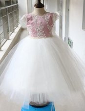 Fine Scoop Cap Sleeves Tulle Ankle Length Zipper Flower Girl Dress in White and Lilac for with Beading