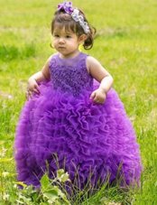 Chic Lavender Ball Gowns Scoop Sleeveless Organza Floor Length Lace Up Lace and Ruffles Flower Girl Dresses