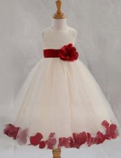 Perfect Scoop Appliques and Bowknot and Hand Made Flower Flower Girl Dress White Zipper Sleeveless Floor Length