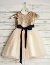 Low Price Scoop Sleeveless Flower Girl Dresses for Less Mini Length Sashes|ribbons and Sequins Champagne Tulle