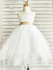 Artistic Scoop Sleeveless Tulle Flower Girl Dress Lace and Ruffled Layers and Sashes|ribbons Zipper