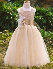 Champagne Tulle Lace Up Flower Girl Dresses for Less Sleeveless Floor Length Lace