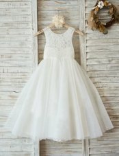 Glittering A-line Flower Girl Dresses White Scoop Tulle Sleeveless Floor Length Zipper