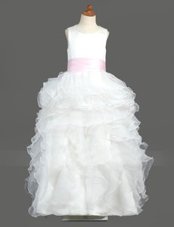 Scoop Ruffled White Sleeveless Organza Zipper Flower Girl Dresses for Less for Party and Wedding Party