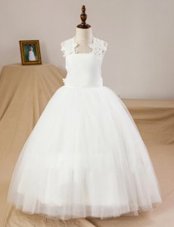 Unique Floor Length Criss Cross Flower Girl Dress White and In for Party and Wedding Party with Lace and Appliques