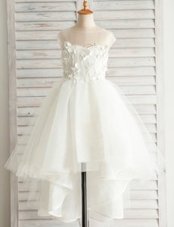 Eye-catching Scoop White Cap Sleeves High Low Appliques Zipper Flower Girl Dresses