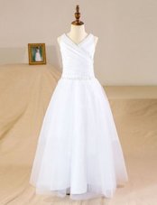 Elegant Floor Length White Flower Girl Dresses Tulle Sleeveless Beading