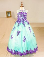 Stunning Scoop Sleeveless Tulle Floor Length Zipper Flower Girl Dresses for Less in Turquoise for with Beading and Lace