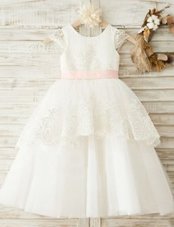 Trendy Scoop Cap Sleeves Organza Floor Length Zipper Flower Girl Dresses for Less in White for with Lace and Bowknot