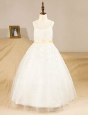 Low Price Scoop Floor Length Zipper Flower Girl Dresses White and In for Party and Wedding Party with Lace and Sashes|ribbons