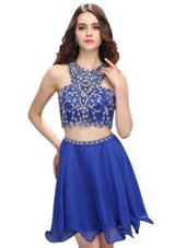 Custom Fit Scoop Sleeveless Chiffon Mini Length Zipper Prom Party Dress in Blue for with Beading